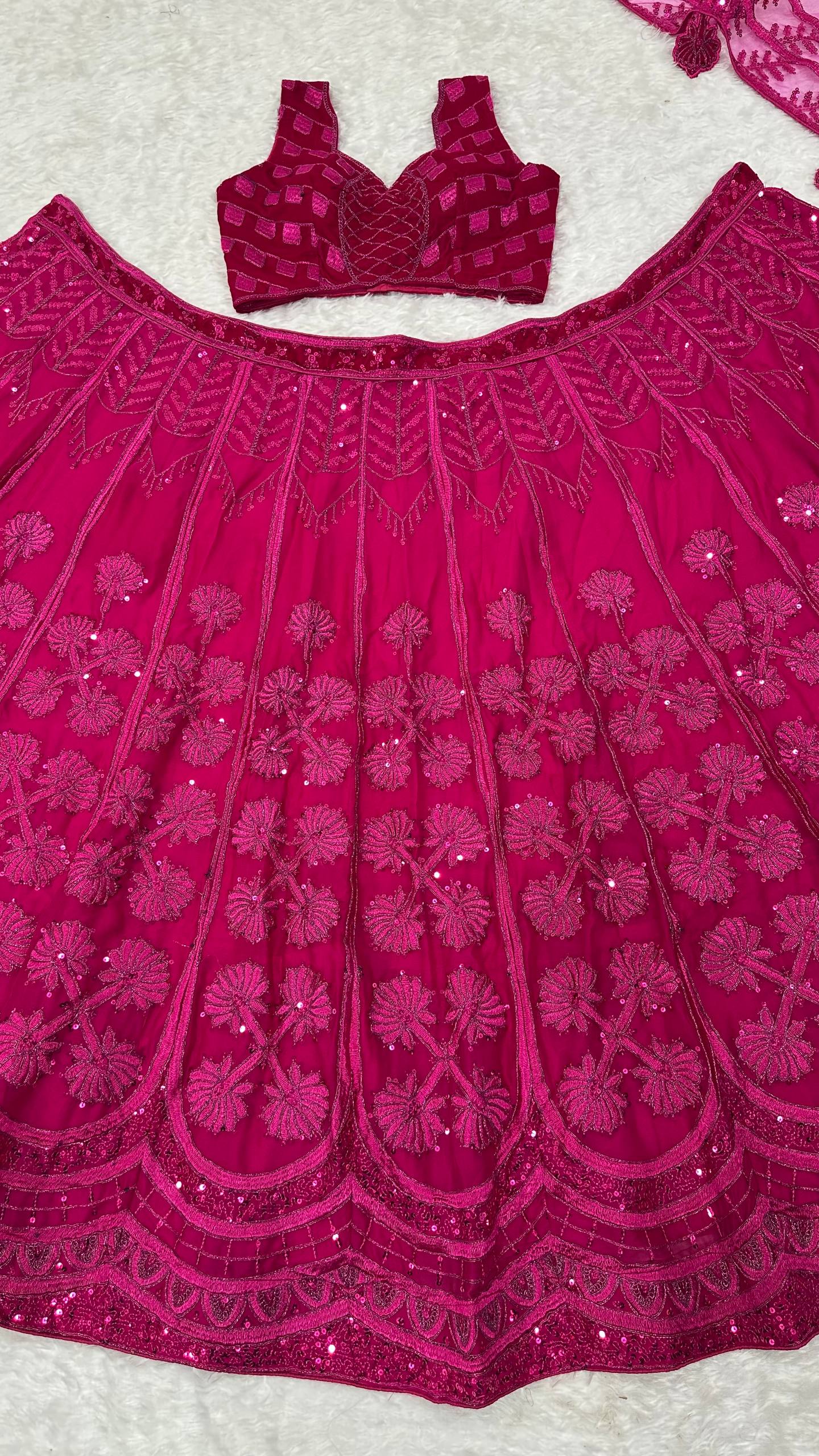 Pink Kasturi Silk Embroidered Lehenga Set with Soft Velvet Blouse & Net Dupatta – Thread, Sequins & Dori Work