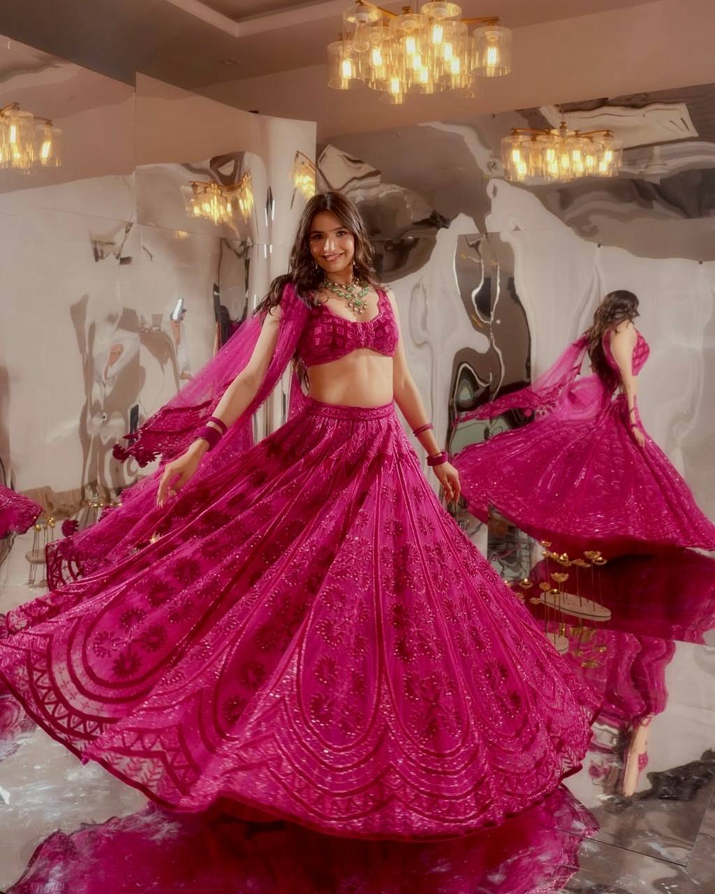 Pink Kasturi Silk Embroidered Lehenga Set with Soft Velvet Blouse & Net Dupatta – Thread, Sequins & Dori Work