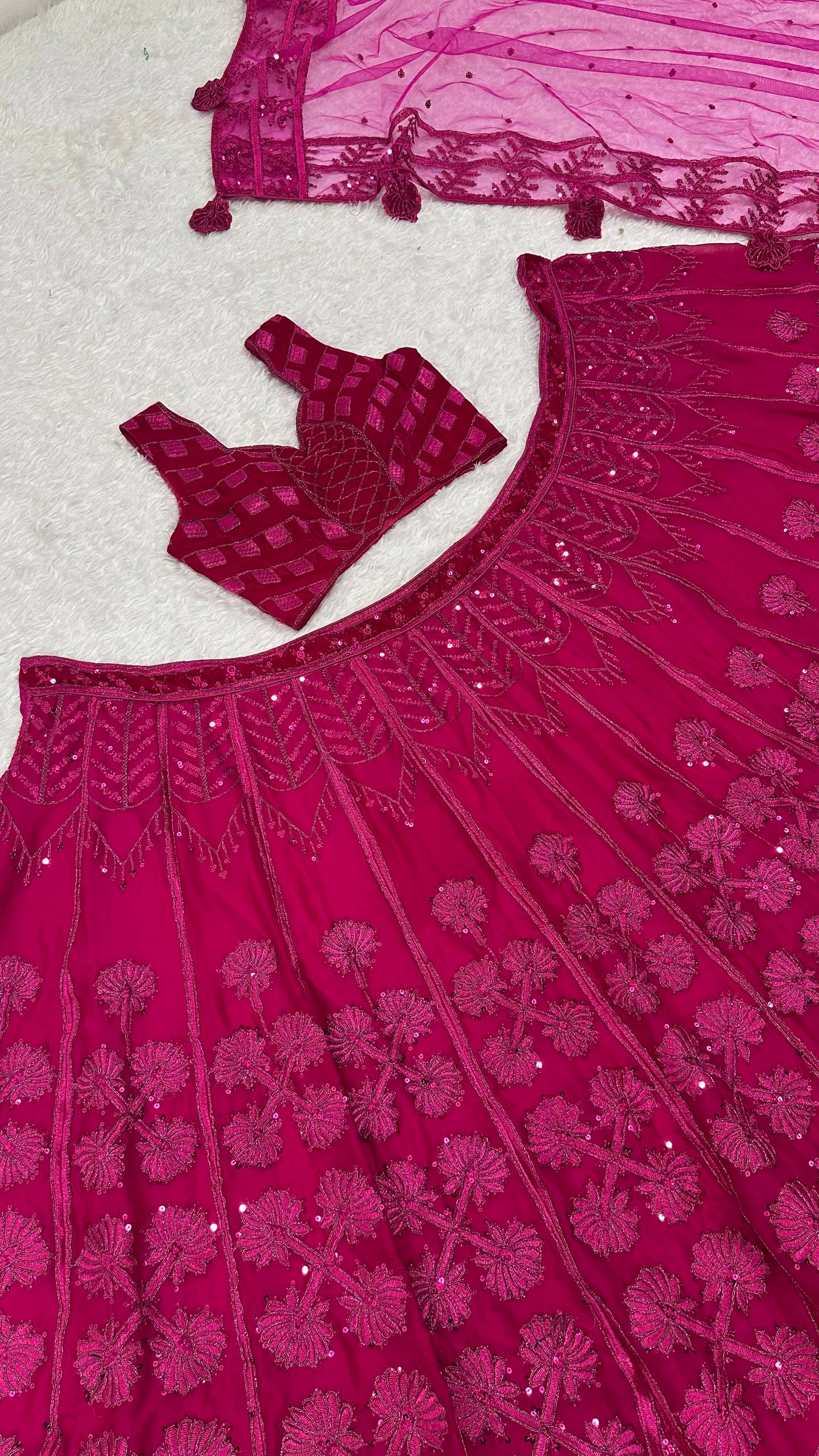 Pink Kasturi Silk Embroidered Lehenga Set with Soft Velvet Blouse & Net Dupatta – Thread, Sequins & Dori Work
