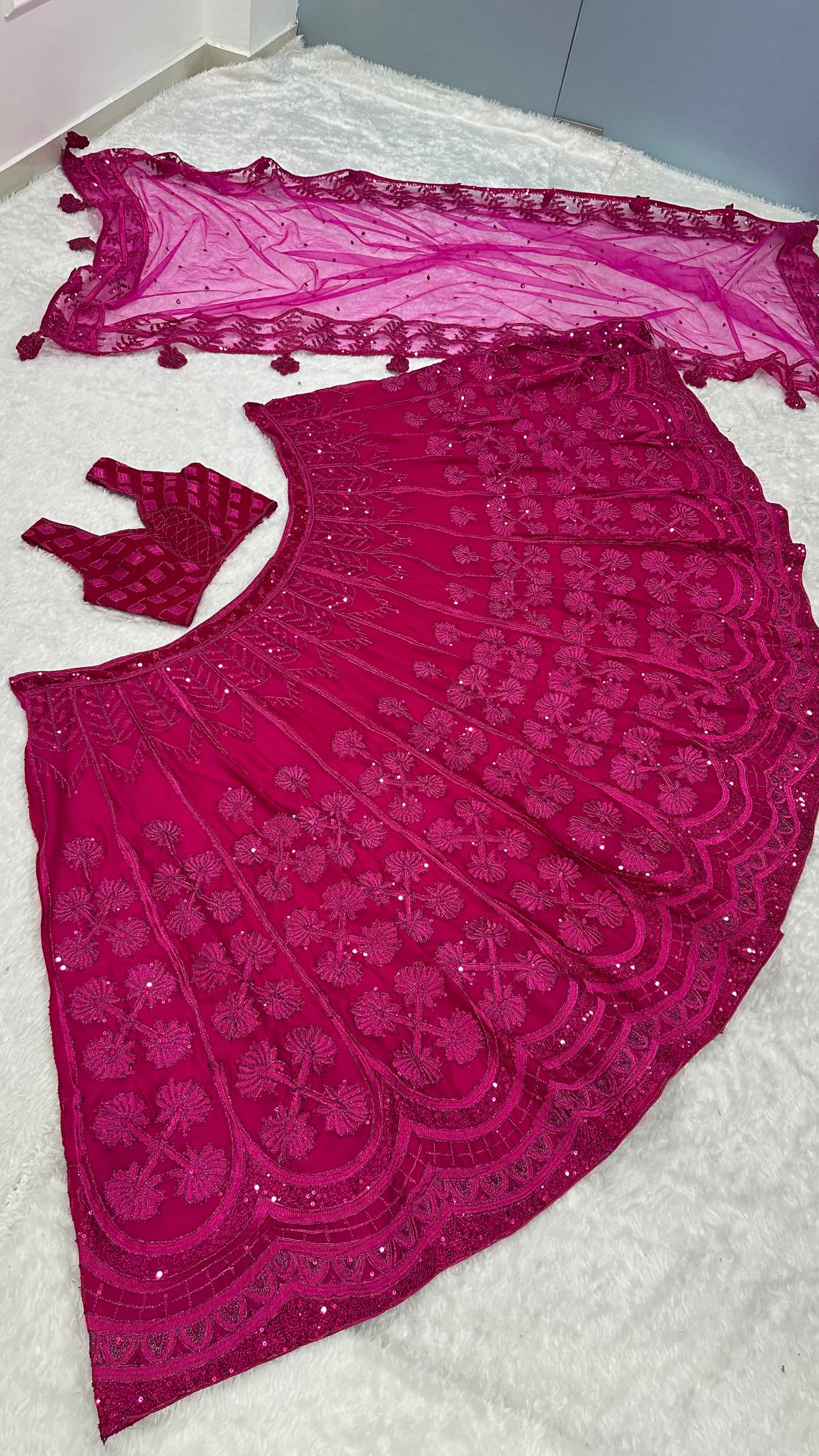 Pink Kasturi Silk Embroidered Lehenga Set with Soft Velvet Blouse & Net Dupatta – Thread, Sequins & Dori Work