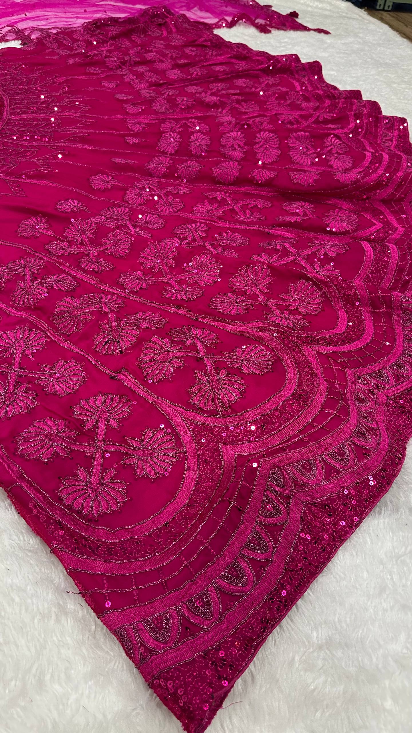 Pink Kasturi Silk Embroidered Lehenga Set with Soft Velvet Blouse & Net Dupatta – Thread, Sequins & Dori Work