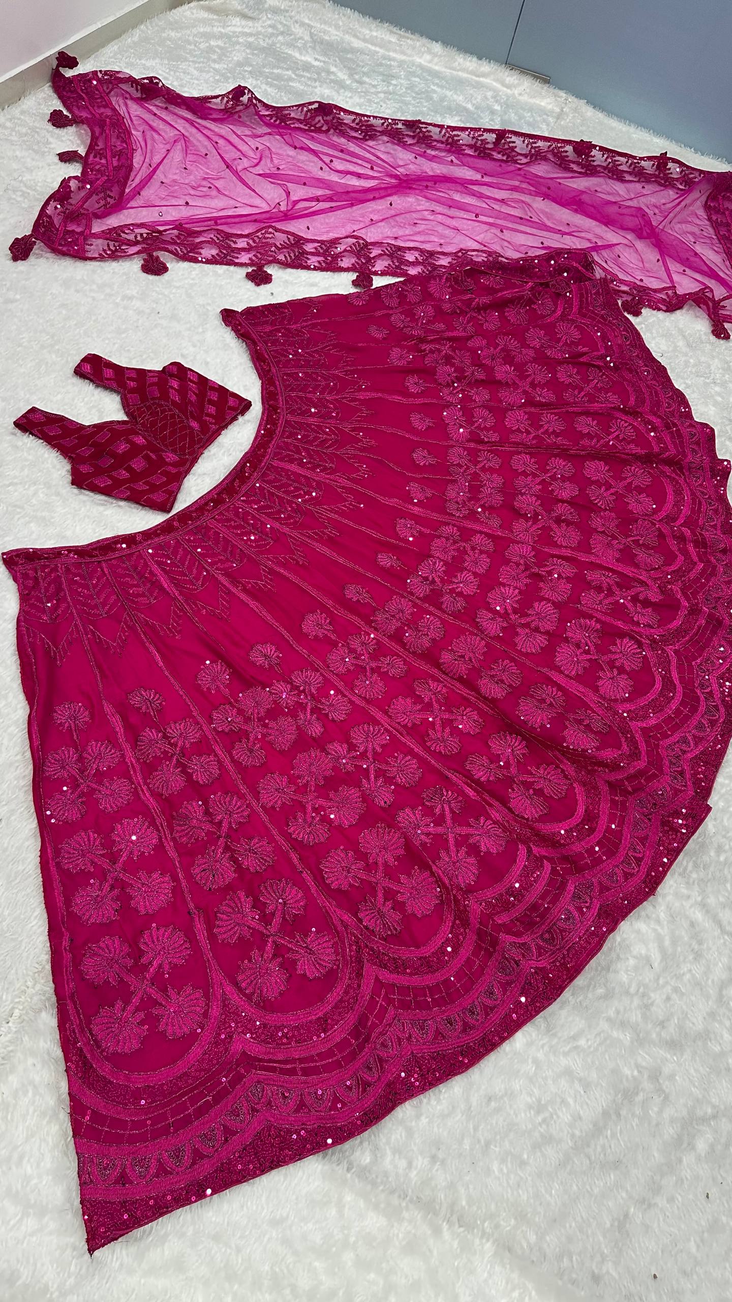 Pink Kasturi Silk Embroidered Lehenga Set with Soft Velvet Blouse & Net Dupatta – Thread, Sequins & Dori Work
