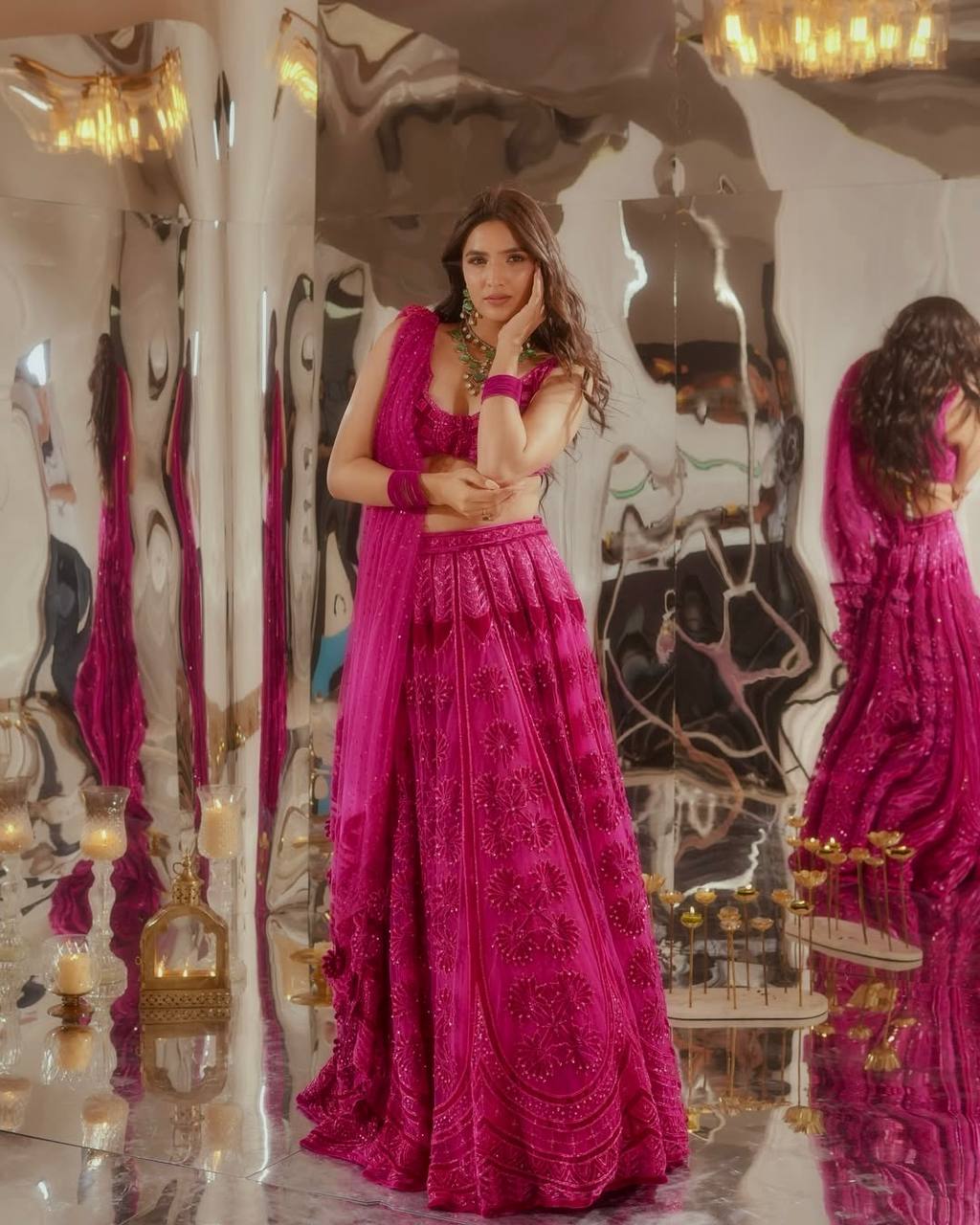 Pink Kasturi Silk Embroidered Lehenga Set with Soft Velvet Blouse & Net Dupatta – Thread, Sequins & Dori Work