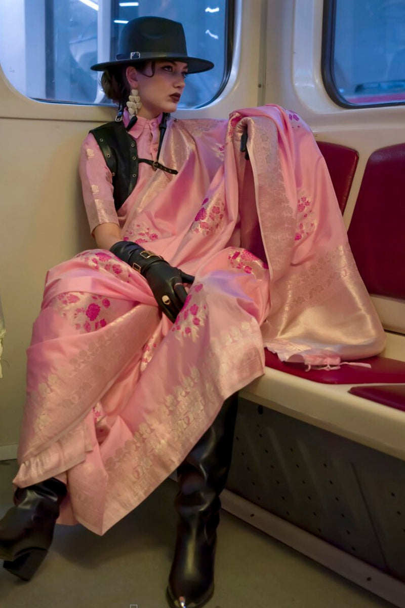 Pink Katan Handloom Silk Saree with Blouse Piece