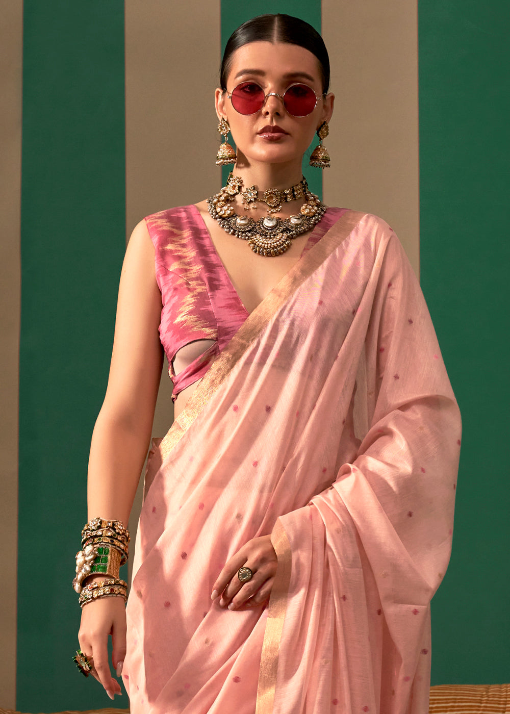 Pink Lustrous Spun Silk Saree with Cotton Blend