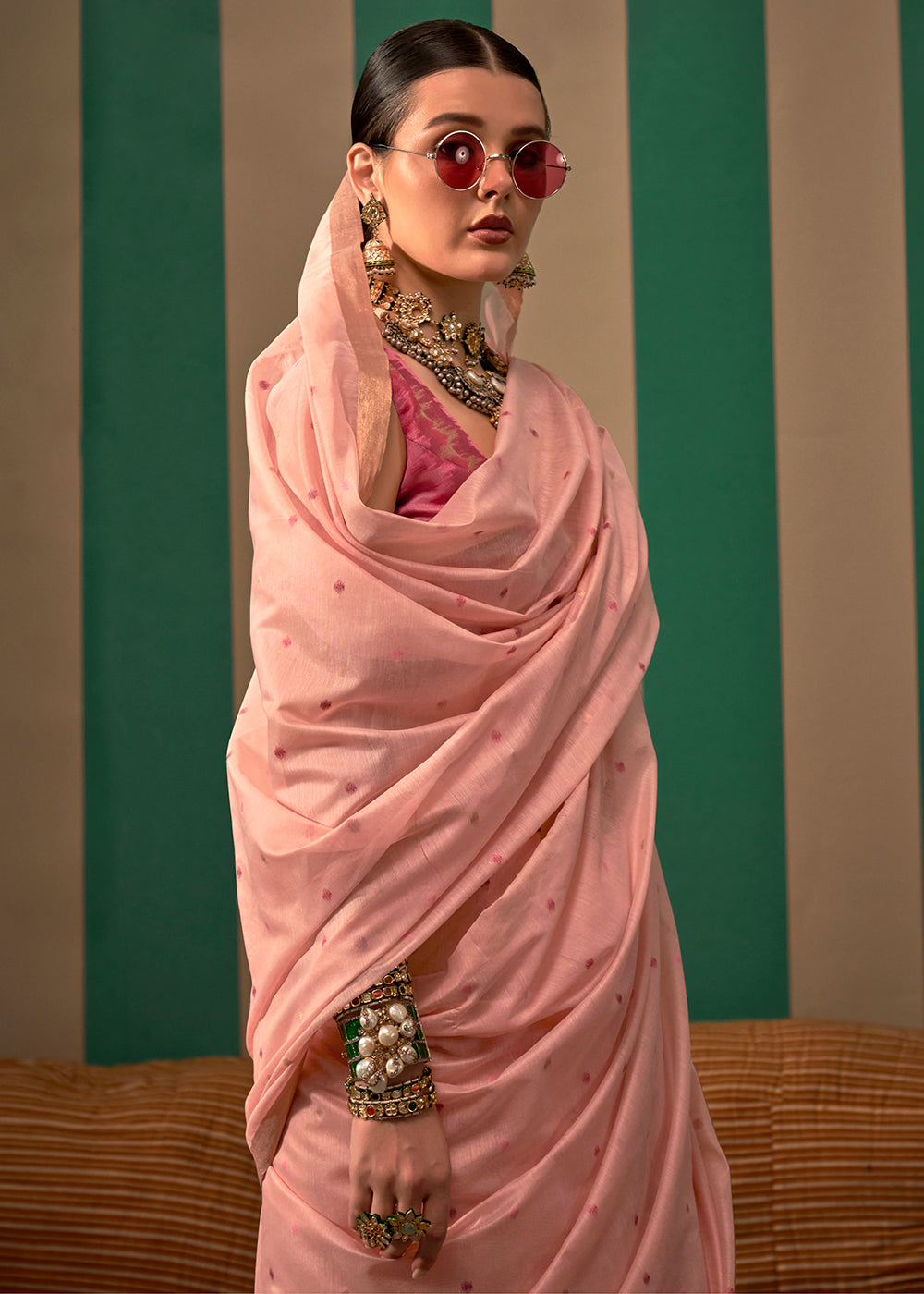 Pink Lustrous Spun Silk Saree with Cotton Blend