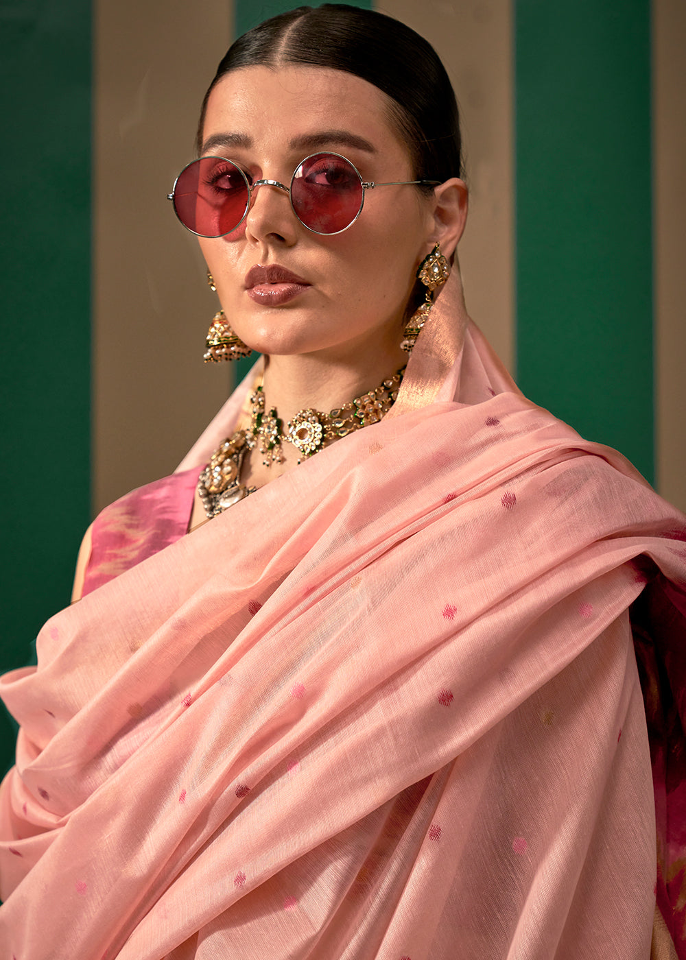 Pink Lustrous Spun Silk Saree with Cotton Blend