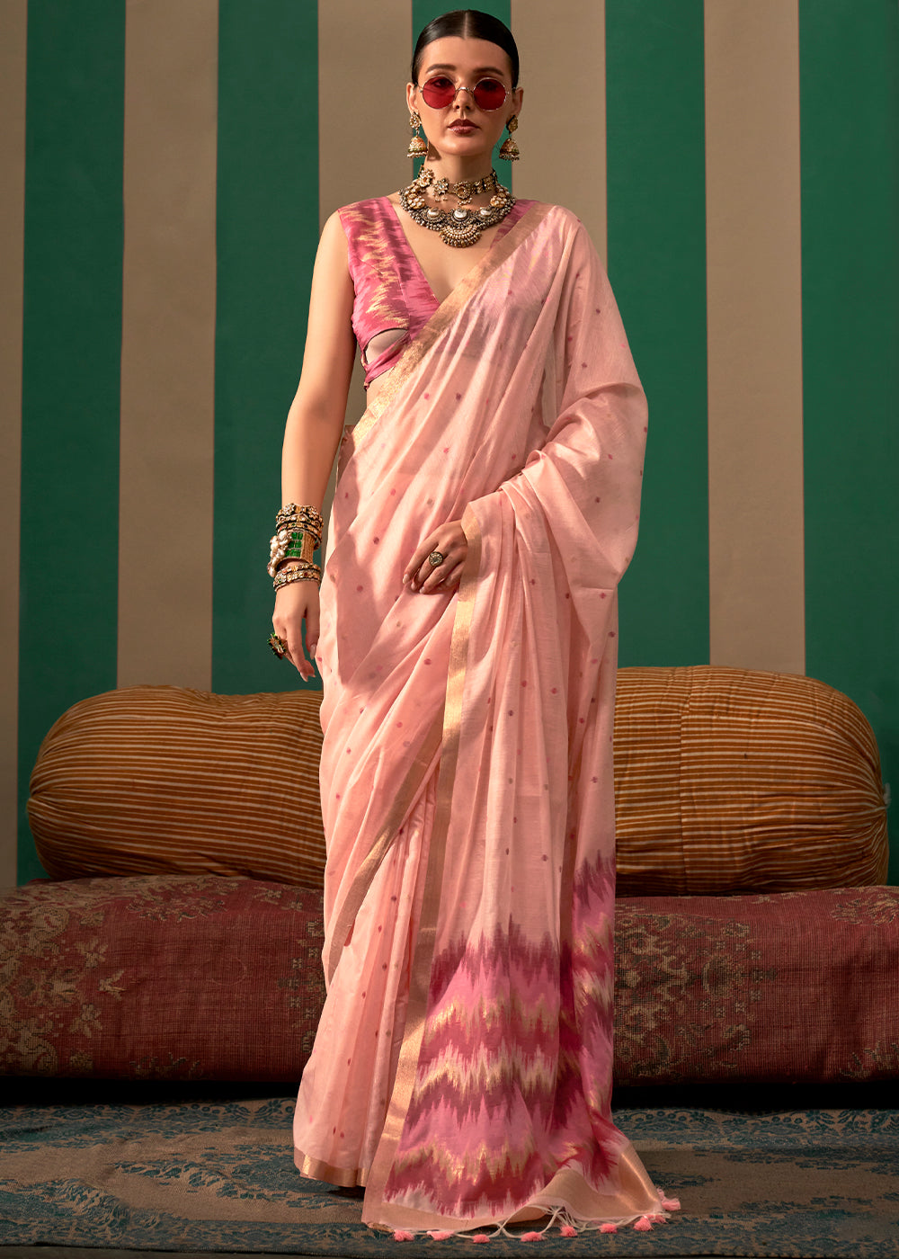 Pink Lustrous Spun Silk Saree with Cotton Blend
