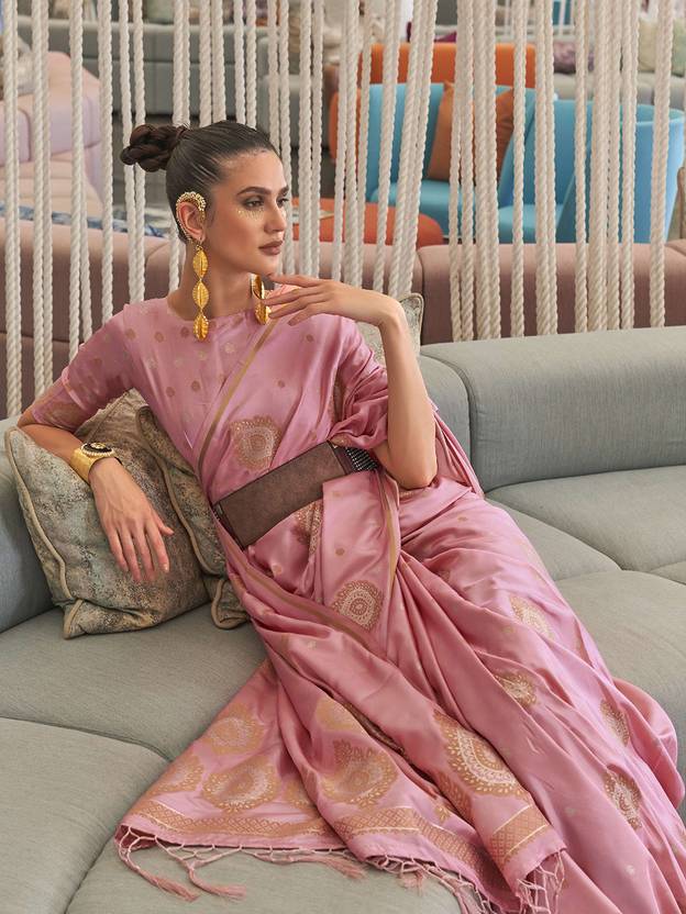 Pink Luxurious Pure Silk Banarasi Saree with Unstitched Blouse Piece