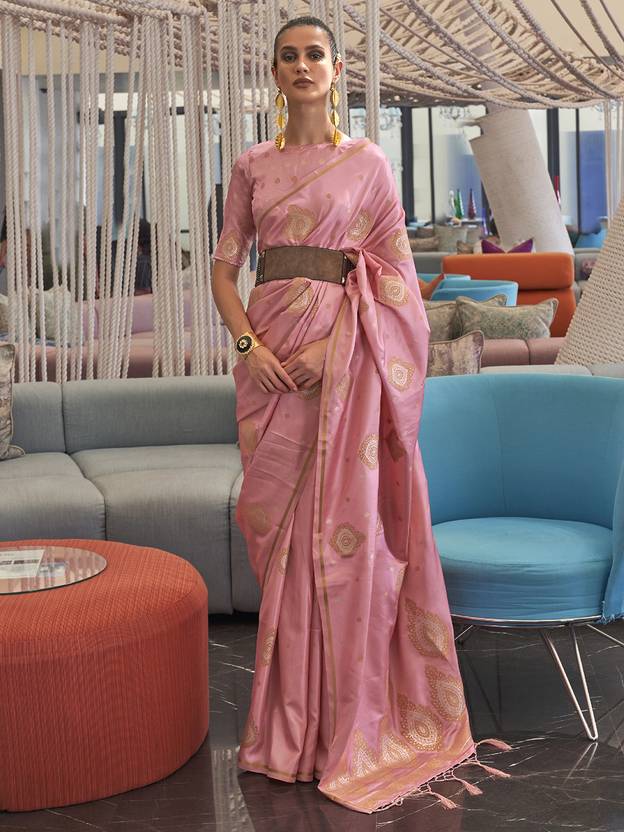 Pink Luxurious Pure Silk Banarasi Saree with Unstitched Blouse Piece