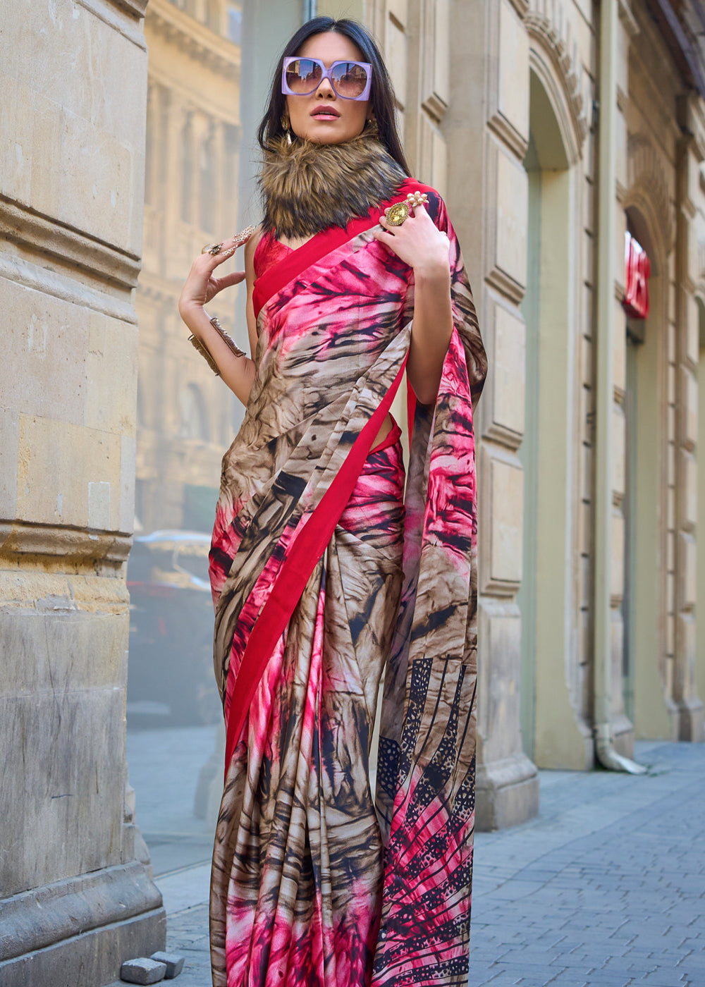 Pink Luxurious Satin Crepe Saree – Elegance with a Graceful Drape