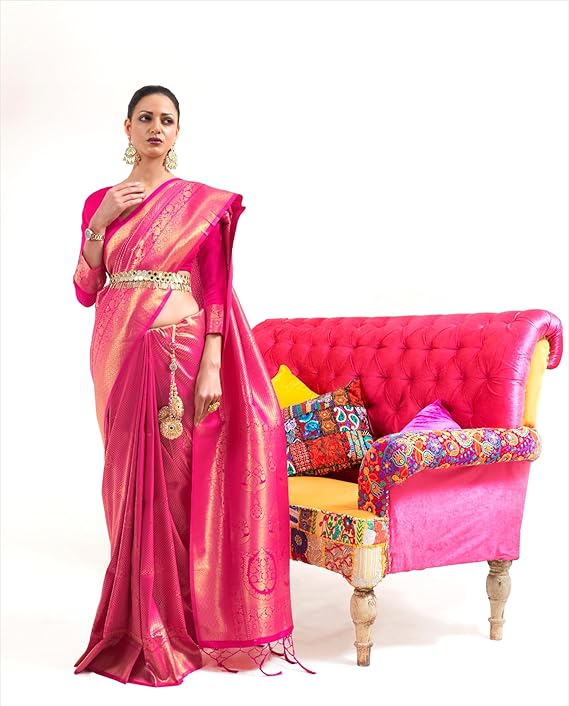 Pink Luxurious Silk Jacquard Saree with Blouse Piece – Perfect for Festivals