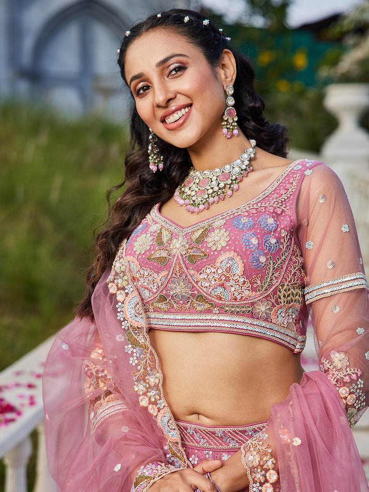 Pink Multi-Color Sequin Embroidered Net Lehenga Choli Dupatta Set