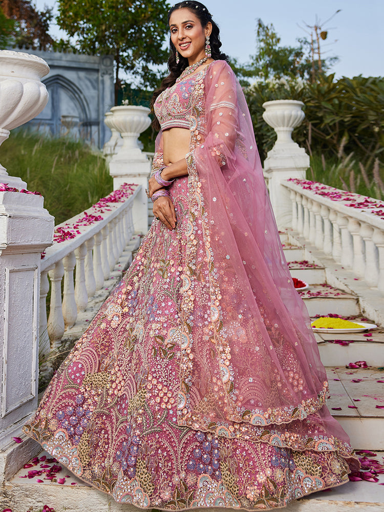 Pink Multi-Color Sequin Embroidered Net Lehenga Choli Dupatta Set