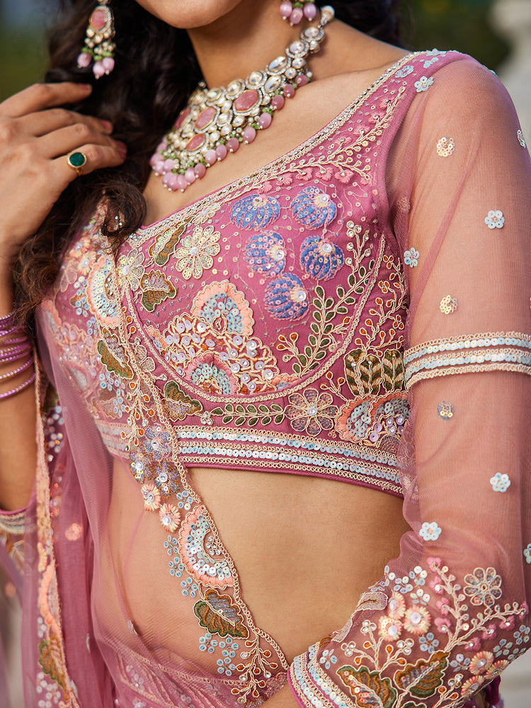 Pink Multi-Color Sequin Embroidered Net Lehenga Choli Dupatta Set