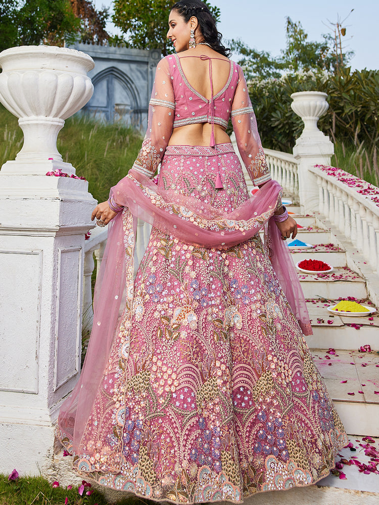 Pink Multi-Color Sequin Embroidered Net Lehenga Choli Dupatta Set