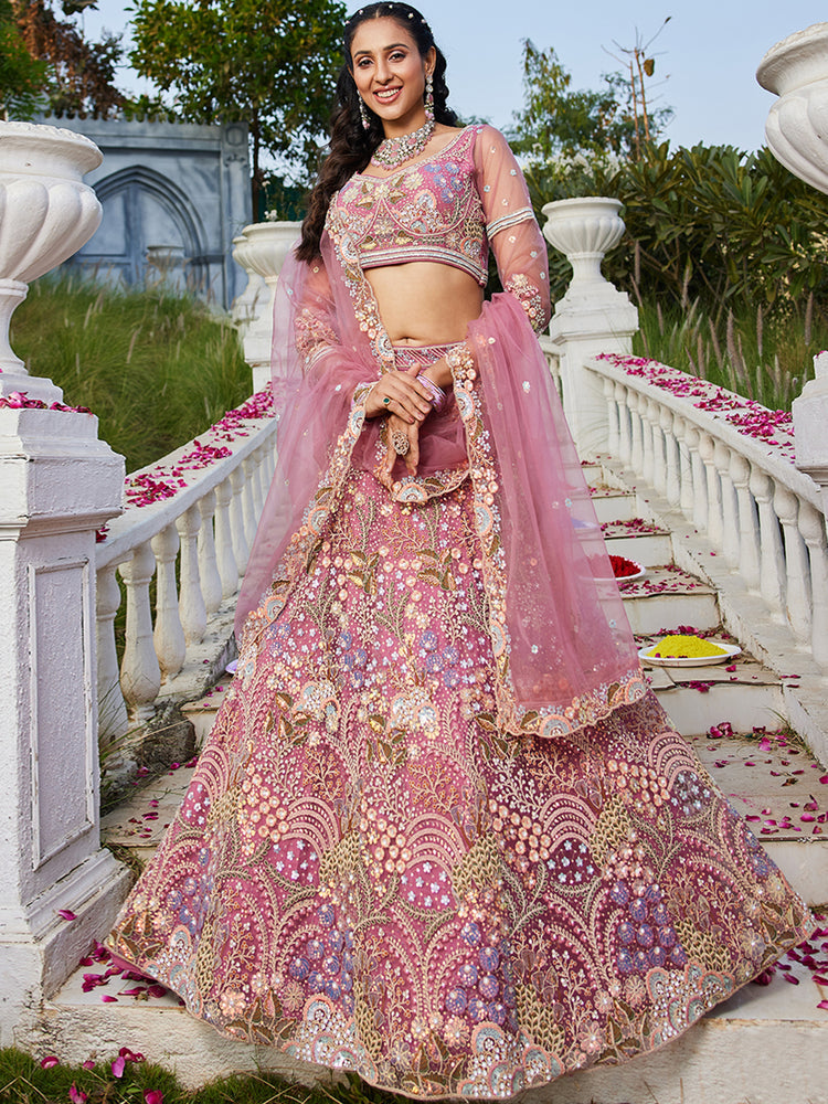 Pink Multi-Color Sequin Embroidered Net Lehenga Choli Dupatta Set