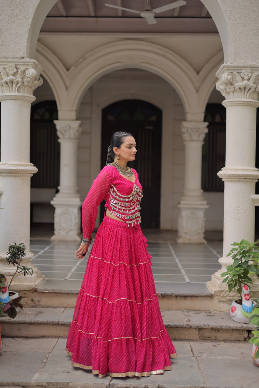 Pink Navratri Special Leheriya Print Lehenga Choli with 12 Mtr Flair & Mirror Lace Work
