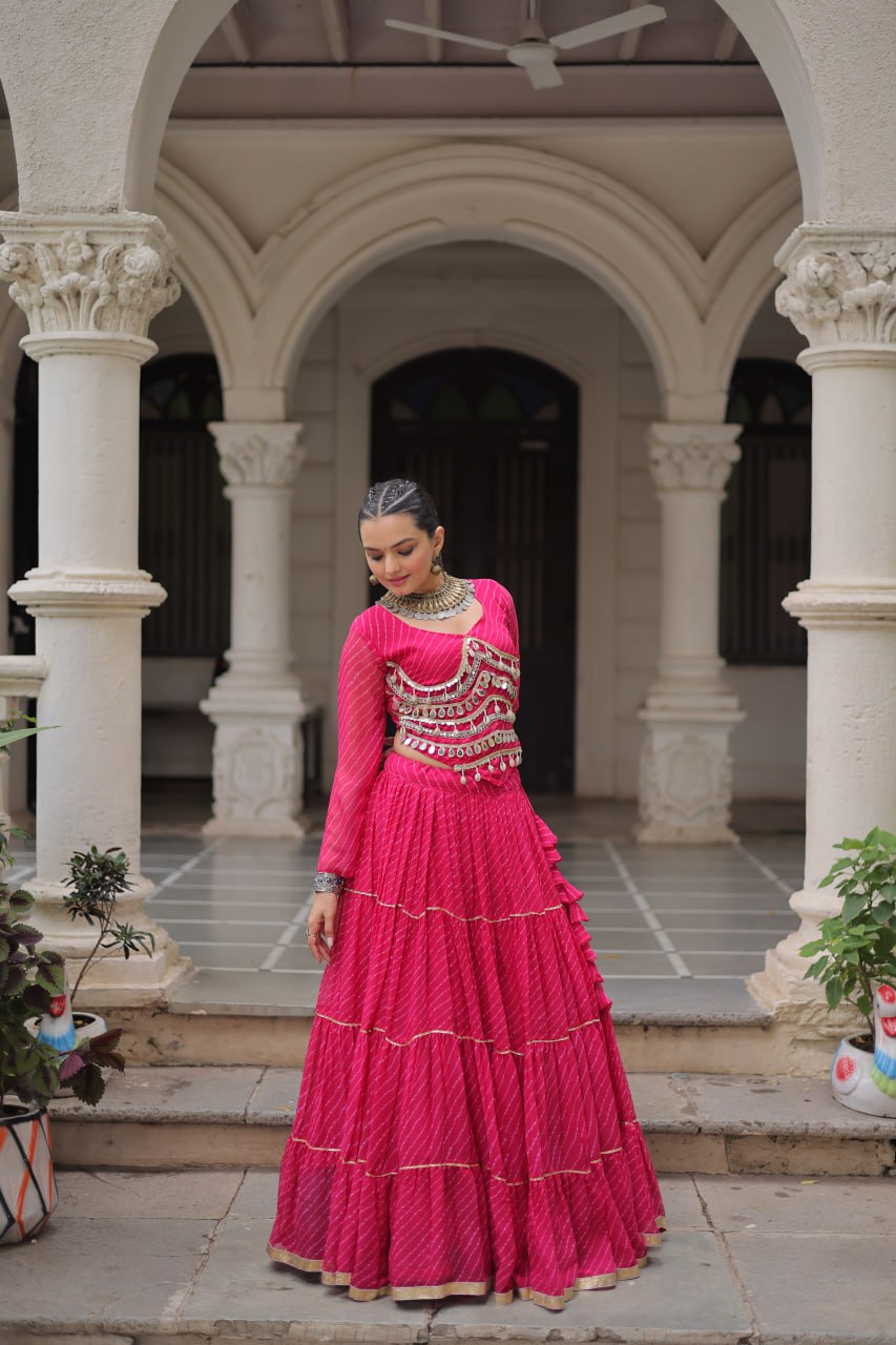 Pink Navratri Special Leheriya Print Lehenga Choli with 12 Mtr Flair & Mirror Lace Work