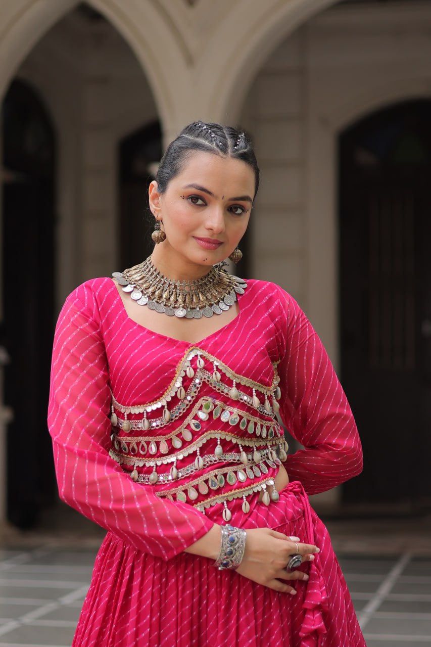 Pink Navratri Special Leheriya Print Lehenga Choli with 12 Mtr Flair & Mirror Lace Work