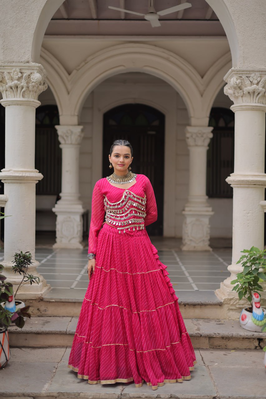 Pink Navratri Special Leheriya Print Lehenga Choli with 12 Mtr Flair & Mirror Lace Work