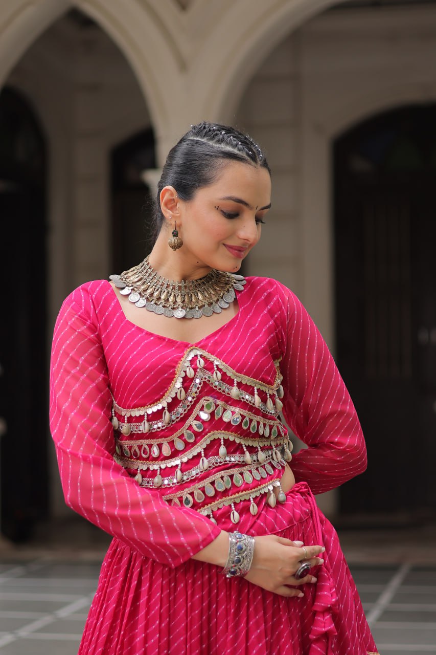 Pink Navratri Special Leheriya Print Lehenga Choli with 12 Mtr Flair & Mirror Lace Work