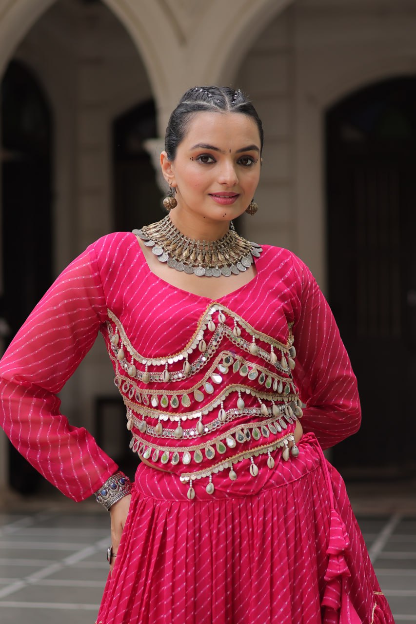Pink Navratri Special Leheriya Print Lehenga Choli with 12 Mtr Flair & Mirror Lace Work