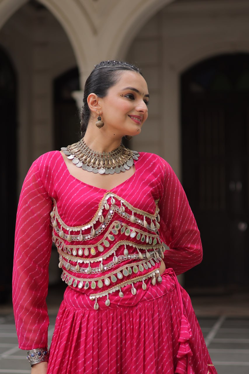 Pink Navratri Special Leheriya Print Lehenga Choli with 12 Mtr Flair & Mirror Lace Work