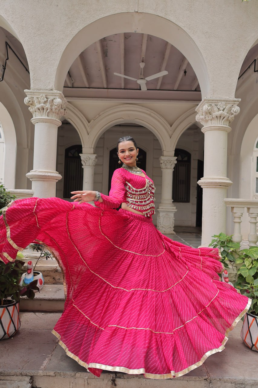 Pink Navratri Special Leheriya Print Lehenga Choli with 12 Mtr Flair & Mirror Lace Work