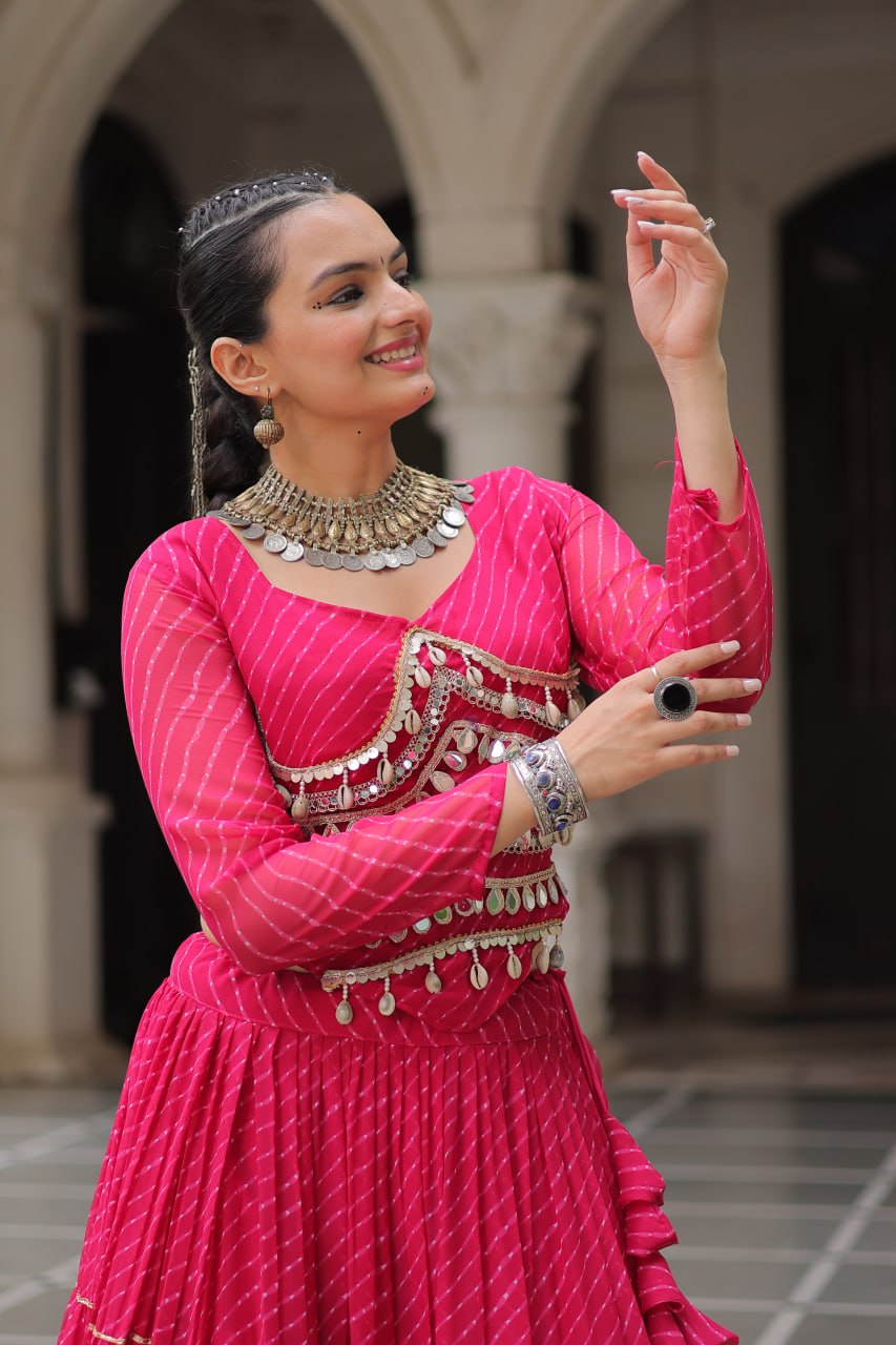 Pink Navratri Special Leheriya Print Lehenga Choli with 12 Mtr Flair & Mirror Lace Work