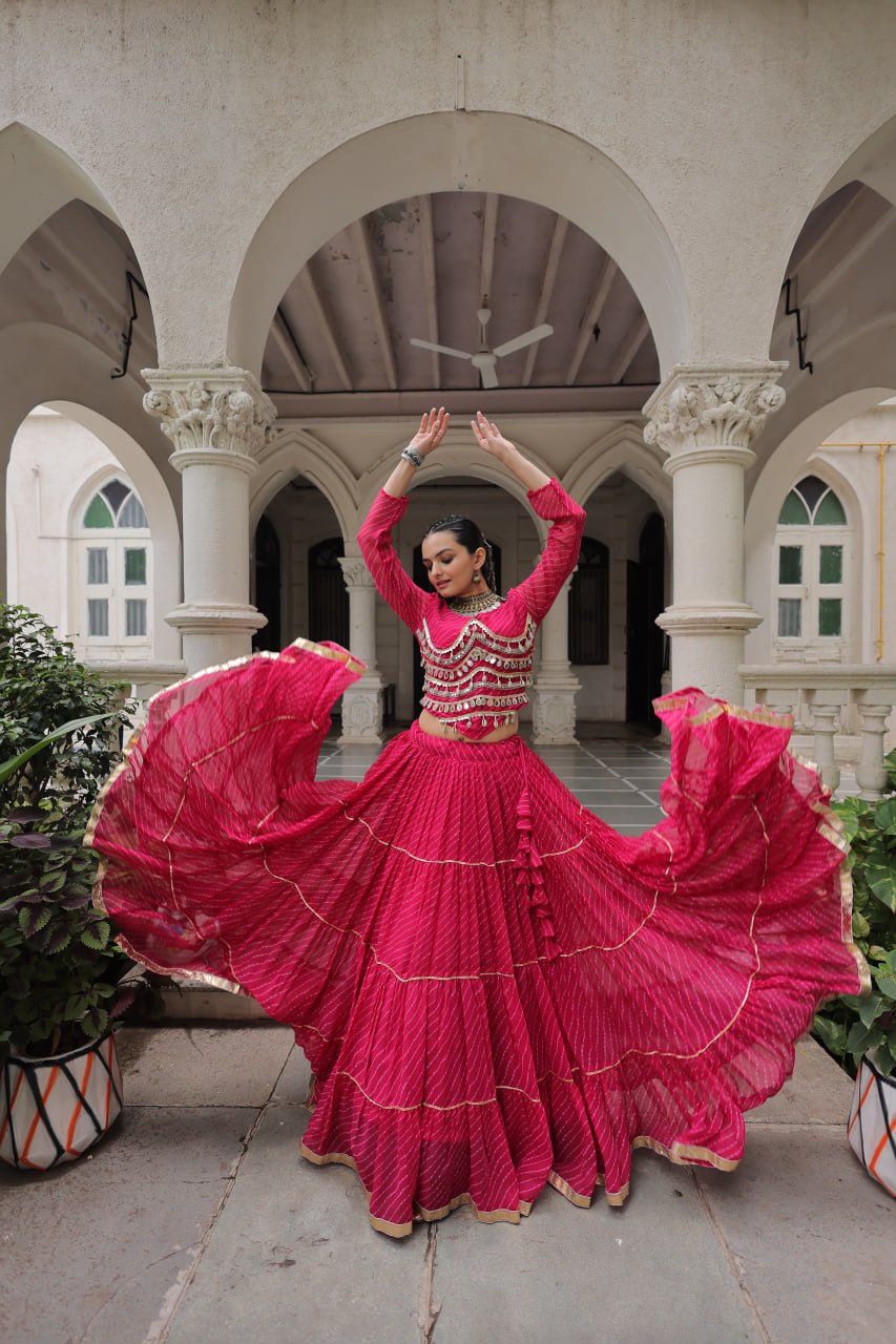 Pink Navratri Special Leheriya Print Lehenga Choli with 12 Mtr Flair & Mirror Lace Work