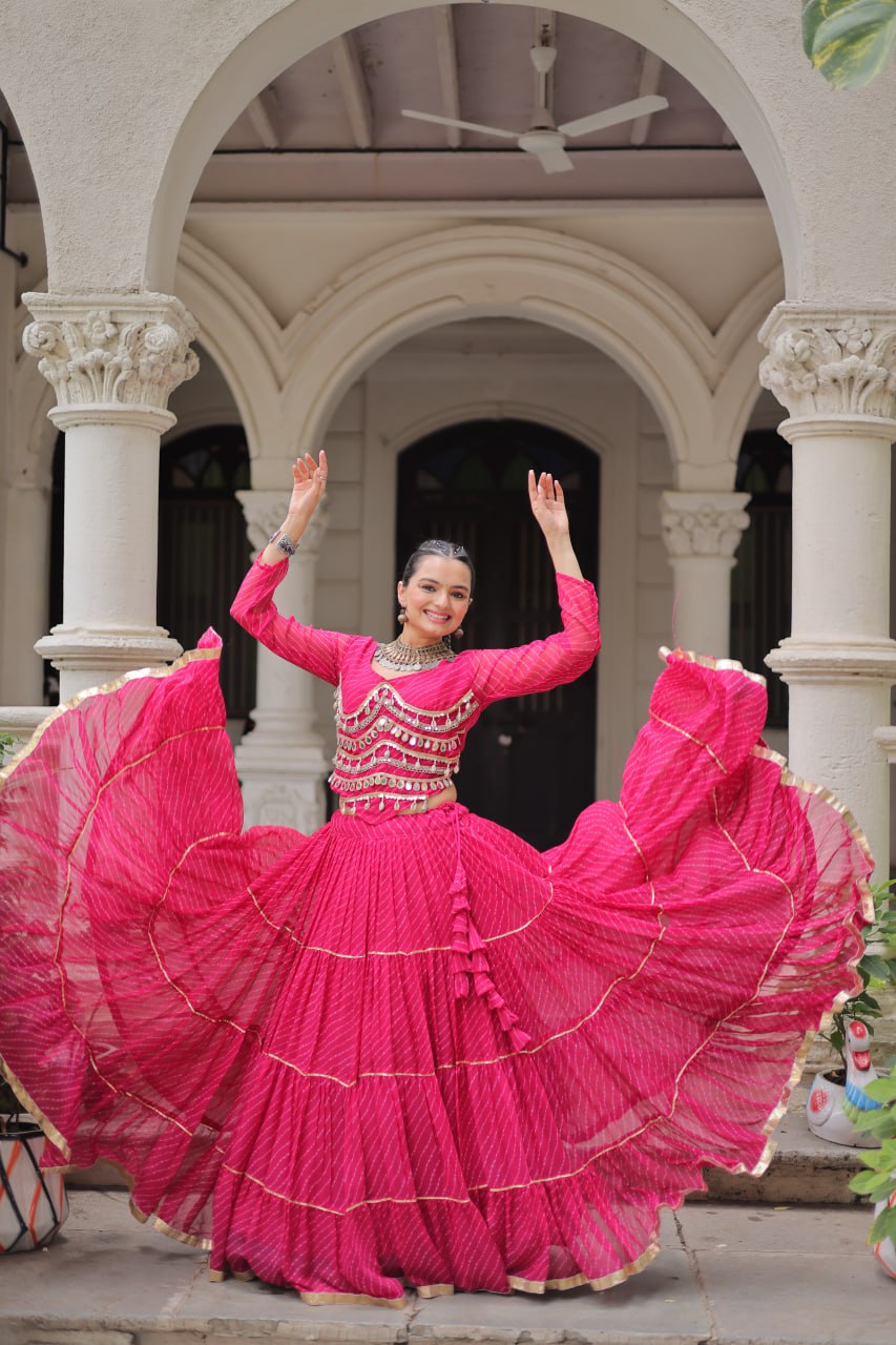 Pink Navratri Special Leheriya Print Lehenga Choli with 12 Mtr Flair & Mirror Lace Work