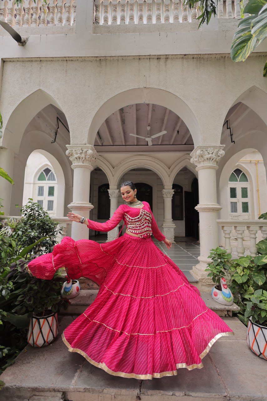 Pink Navratri Special Leheriya Print Lehenga Choli with 12 Mtr Flair & Mirror Lace Work