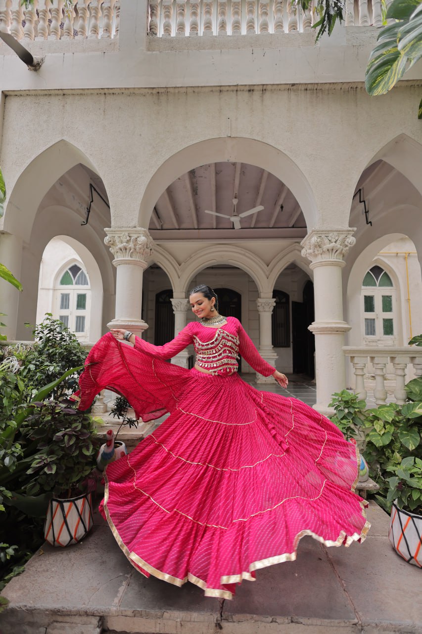 Pink Navratri Special Leheriya Print Lehenga Choli with 12 Mtr Flair & Mirror Lace Work