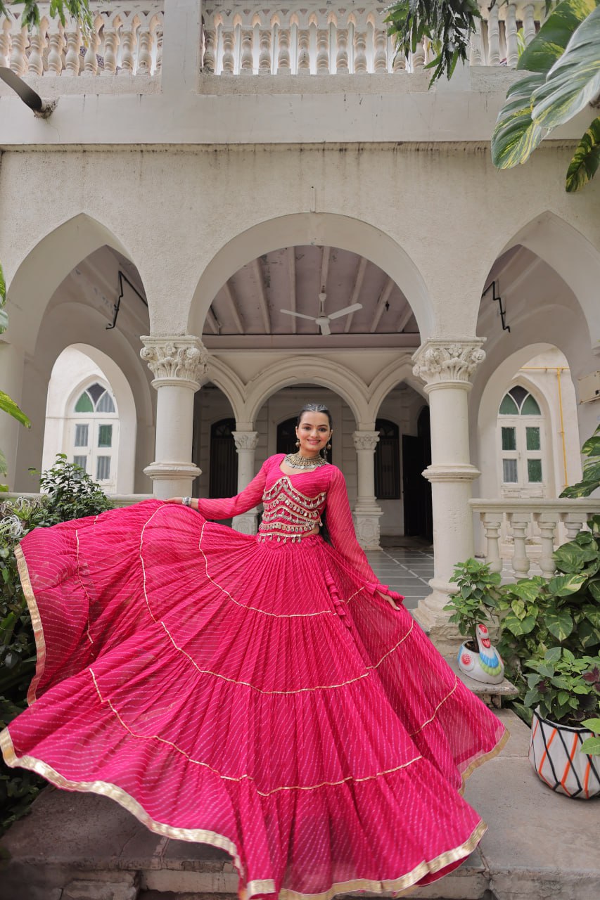 Pink Navratri Special Leheriya Print Lehenga Choli with 12 Mtr Flair & Mirror Lace Work