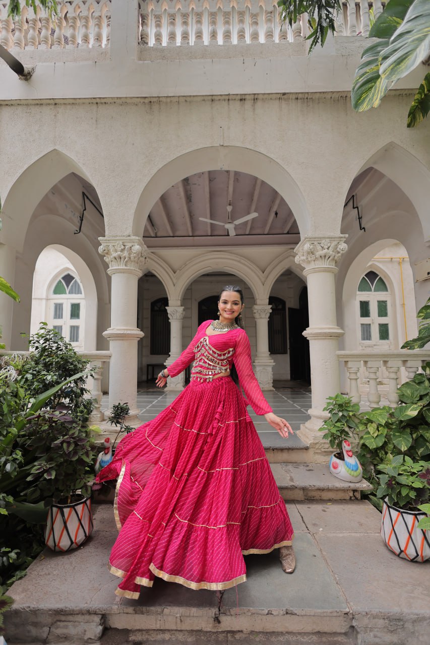 Pink Navratri Special Leheriya Print Lehenga Choli with 12 Mtr Flair & Mirror Lace Work