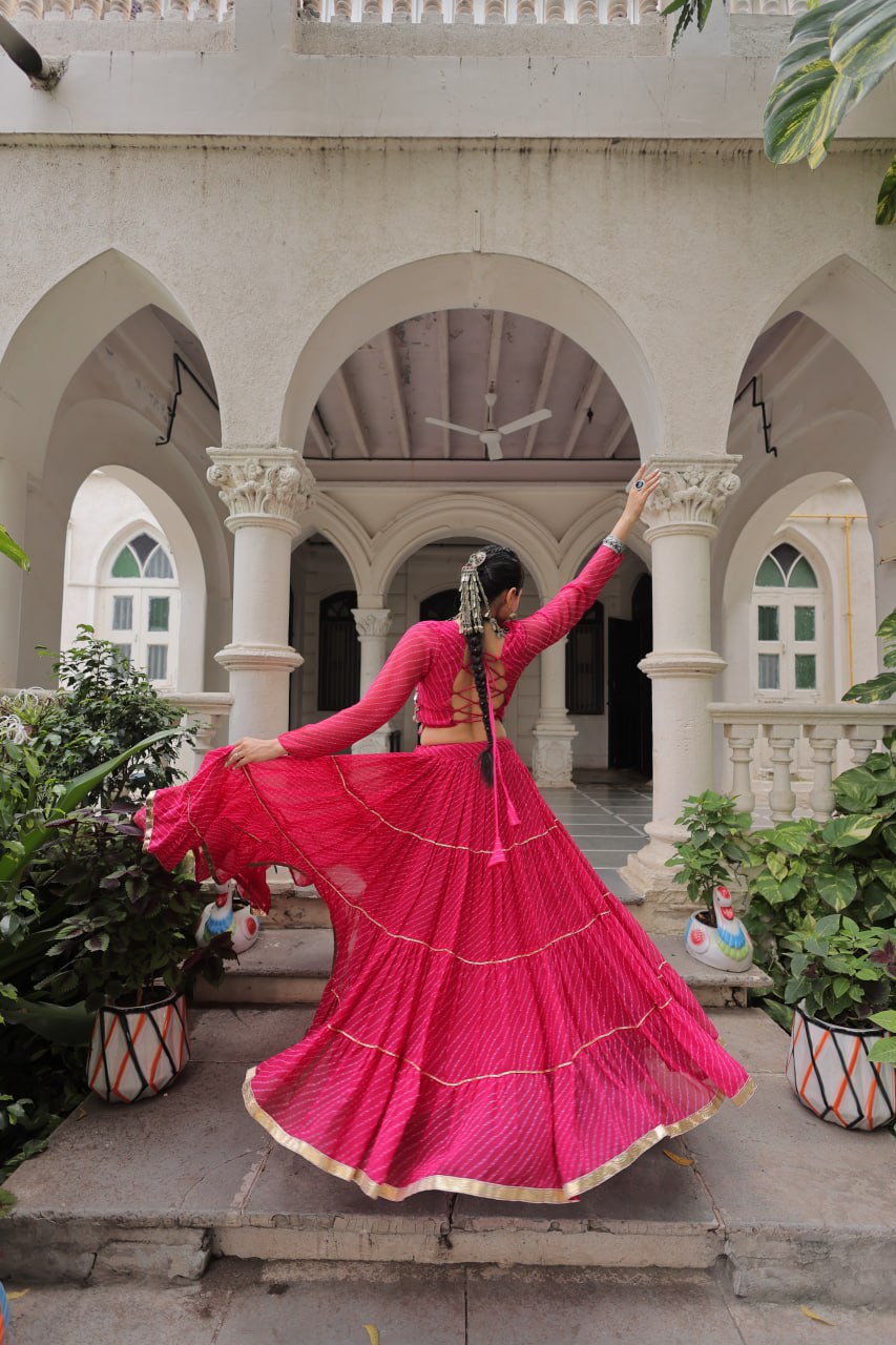 Pink Navratri Special Leheriya Print Lehenga Choli with 12 Mtr Flair & Mirror Lace Work