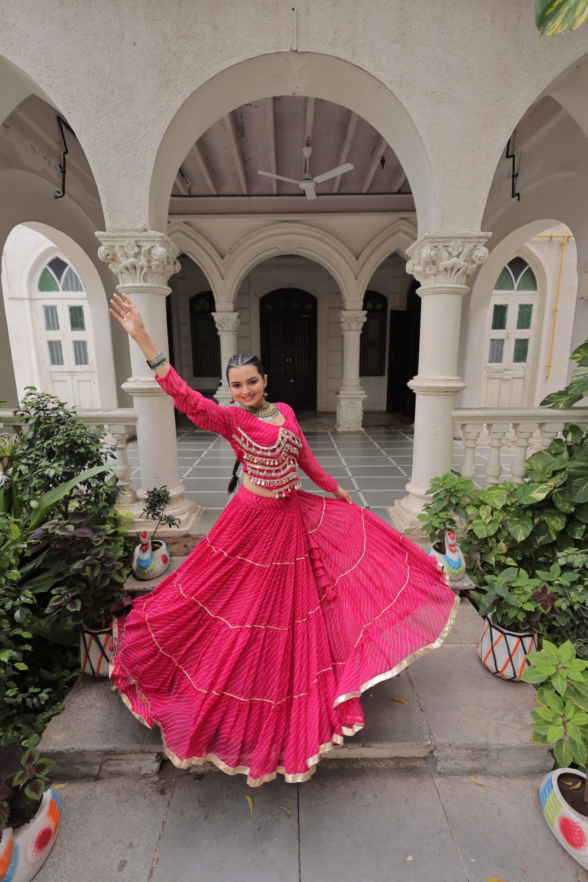 Pink Navratri Special Leheriya Print Lehenga Choli with 12 Mtr Flair & Mirror Lace Work