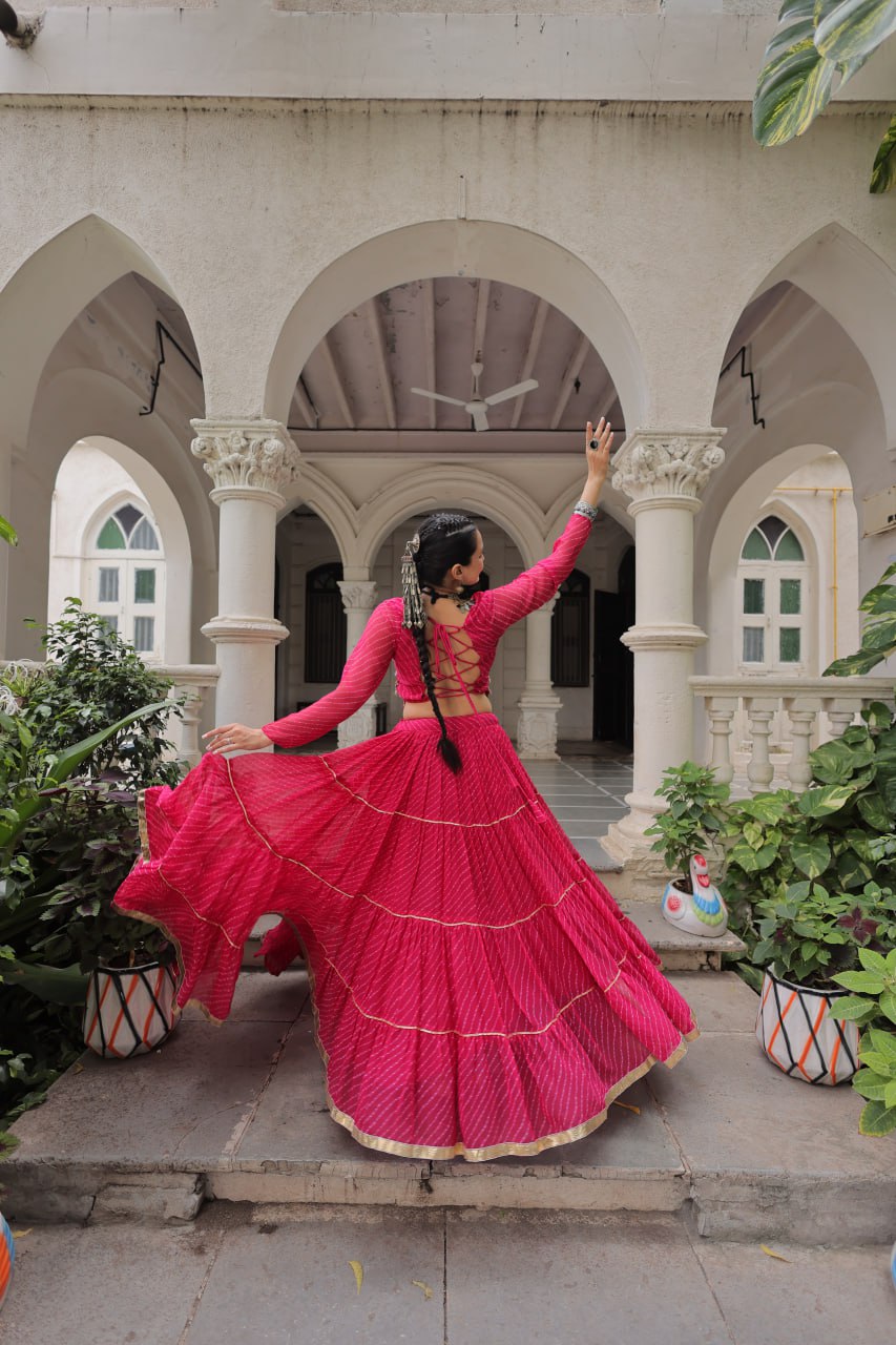 Pink Navratri Special Leheriya Print Lehenga Choli with 12 Mtr Flair & Mirror Lace Work