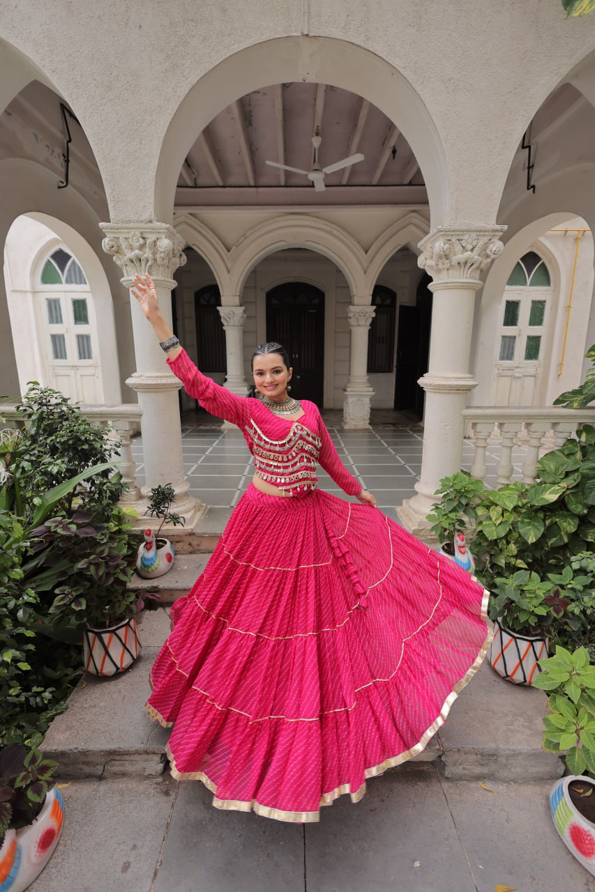 Pink Navratri Special Leheriya Print Lehenga Choli with 12 Mtr Flair & Mirror Lace Work