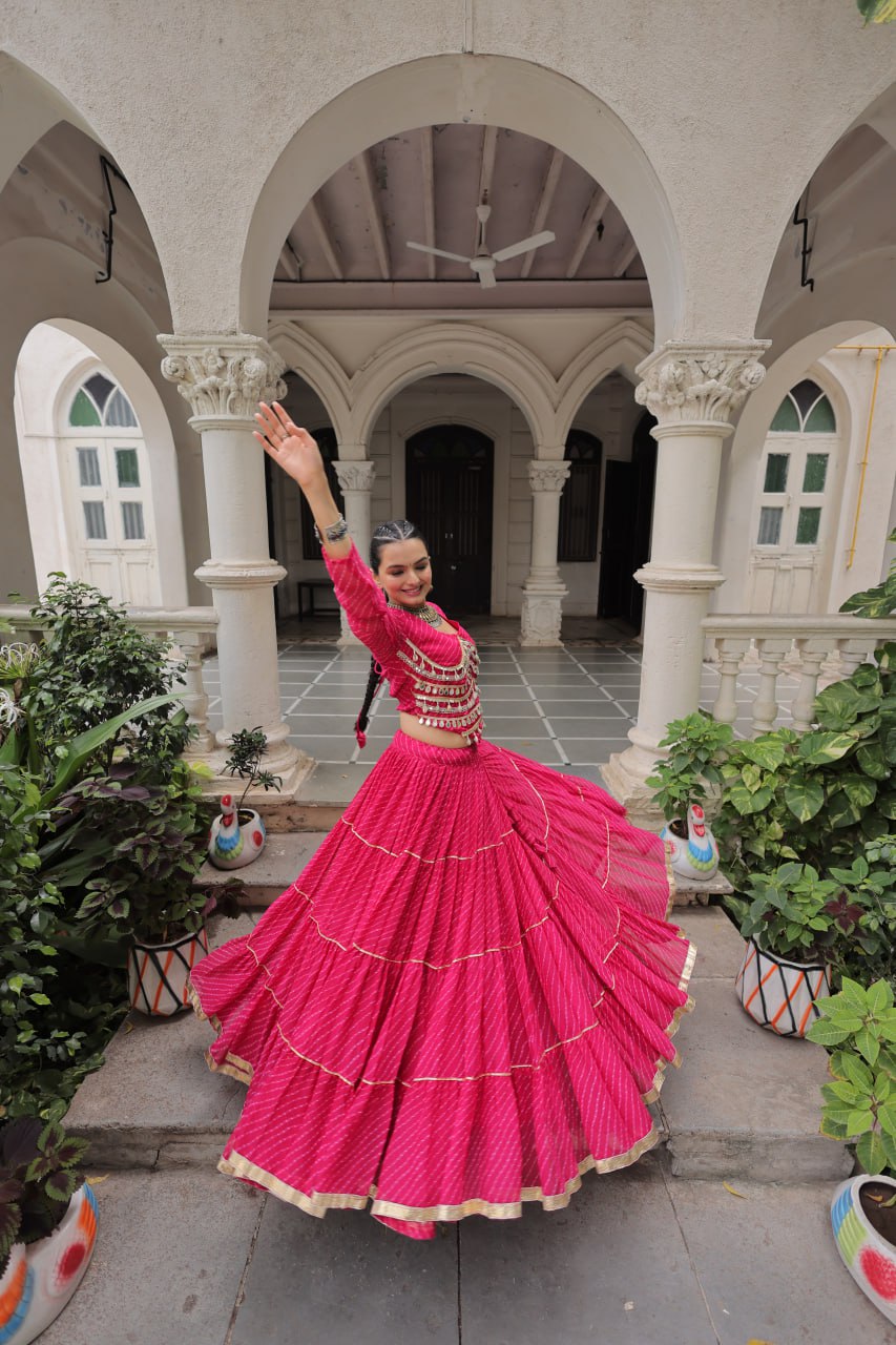 Pink Navratri Special Leheriya Print Lehenga Choli with 12 Mtr Flair & Mirror Lace Work