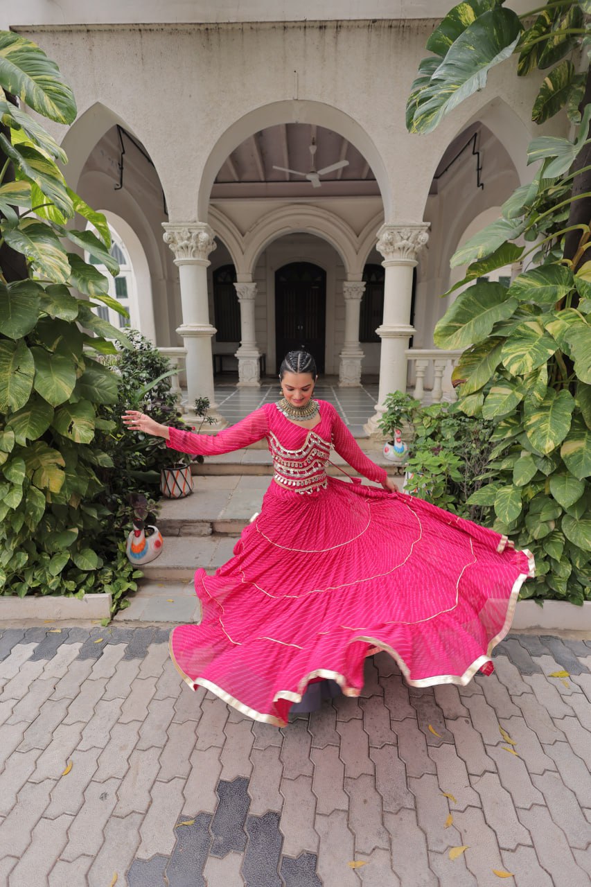 Pink Navratri Special Leheriya Print Lehenga Choli with 12 Mtr Flair & Mirror Lace Work
