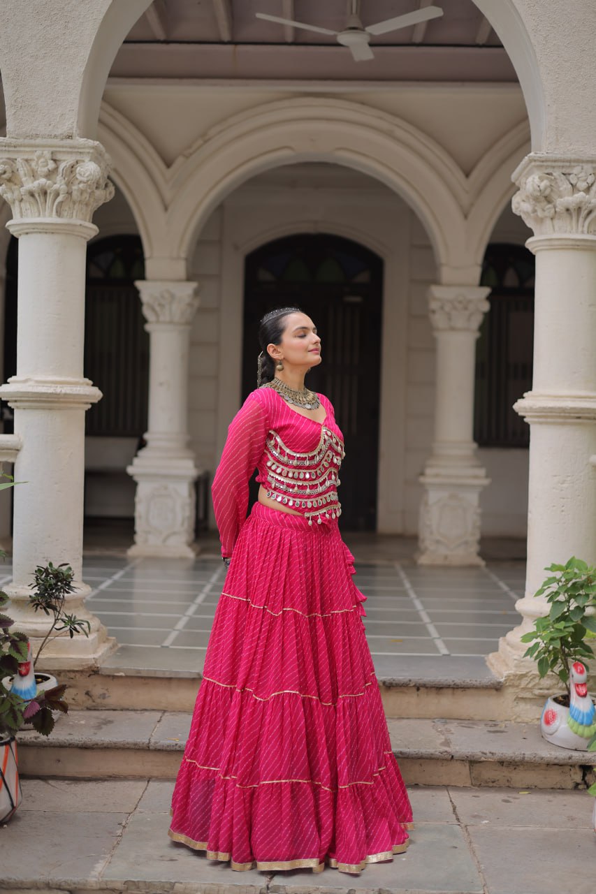 Pink Navratri Special Leheriya Print Lehenga Choli with 12 Mtr Flair & Mirror Lace Work