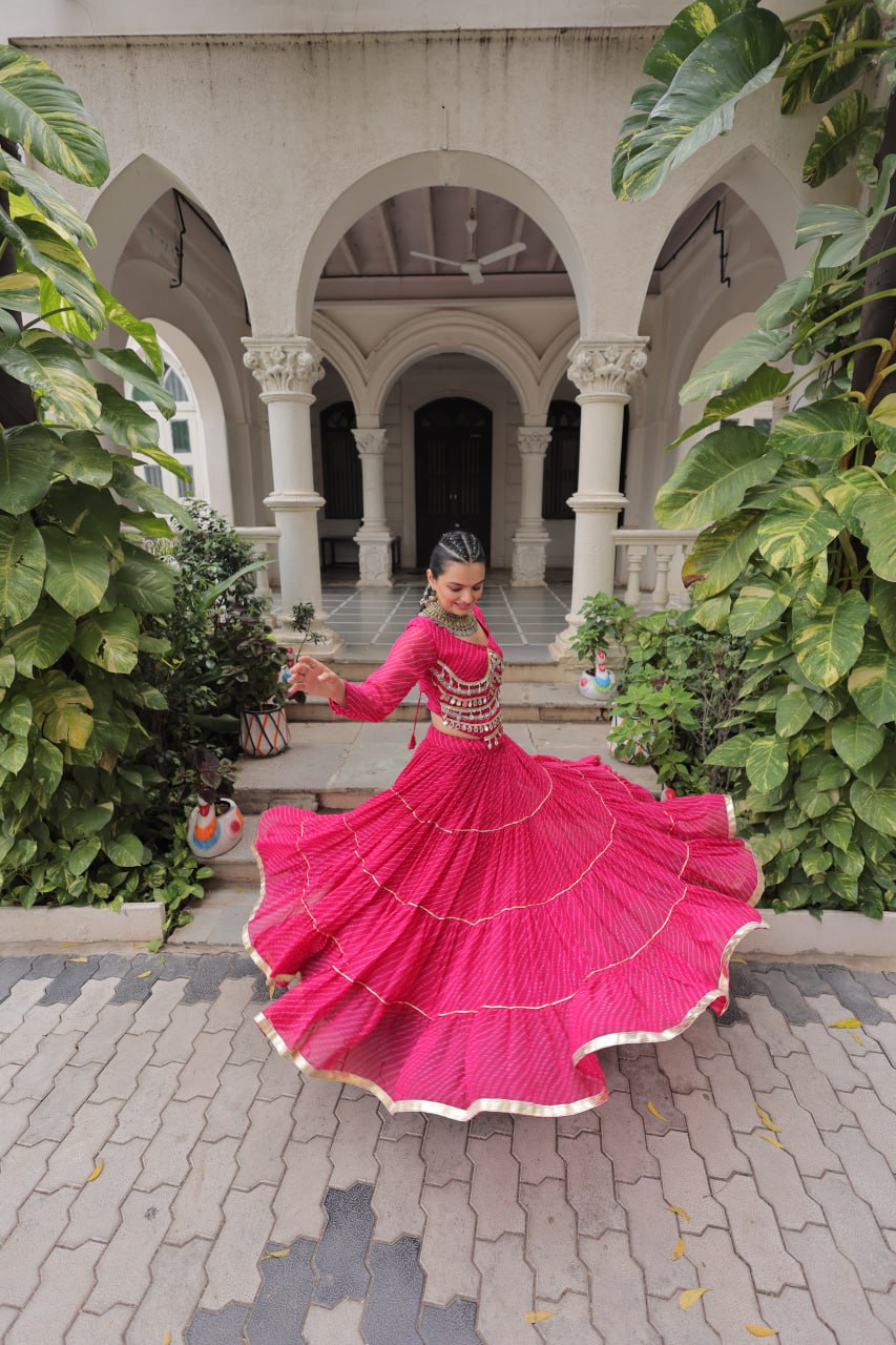 Pink Navratri Special Leheriya Print Lehenga Choli with 12 Mtr Flair & Mirror Lace Work