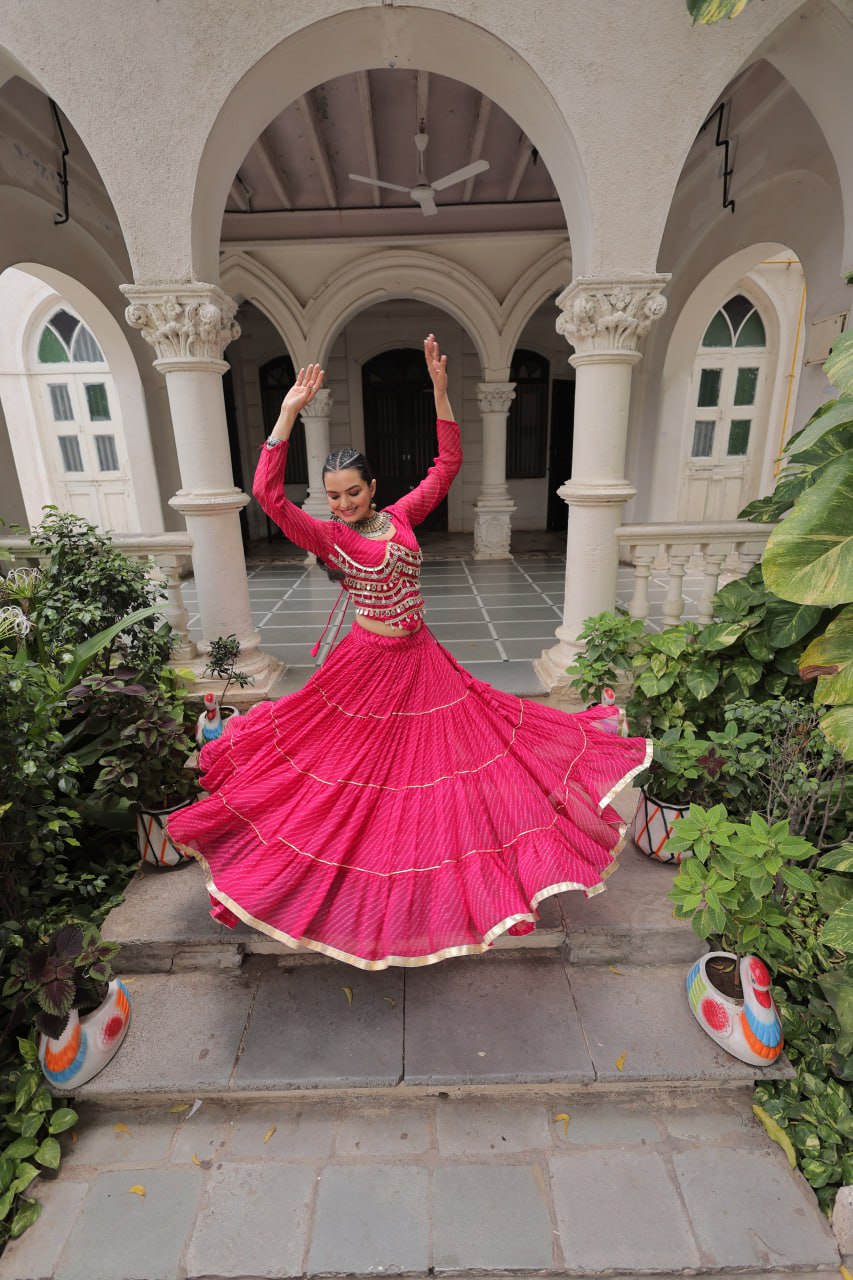 Pink Navratri Special Leheriya Print Lehenga Choli with 12 Mtr Flair & Mirror Lace Work