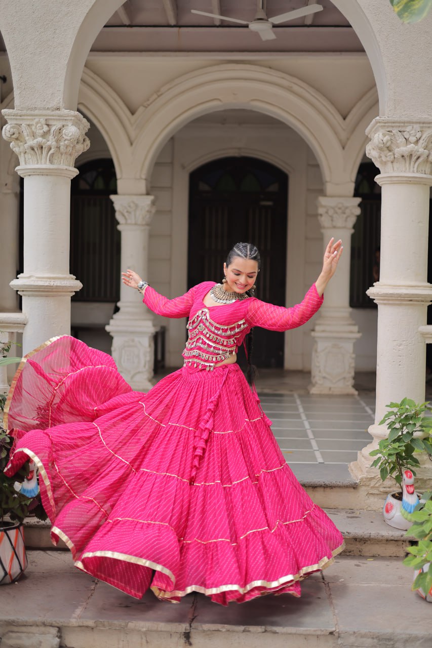 Pink Navratri Special Leheriya Print Lehenga Choli with 12 Mtr Flair & Mirror Lace Work