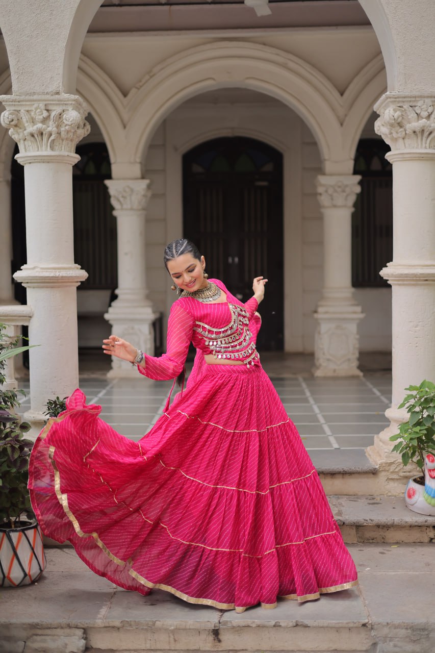 Pink Navratri Special Leheriya Print Lehenga Choli with 12 Mtr Flair & Mirror Lace Work