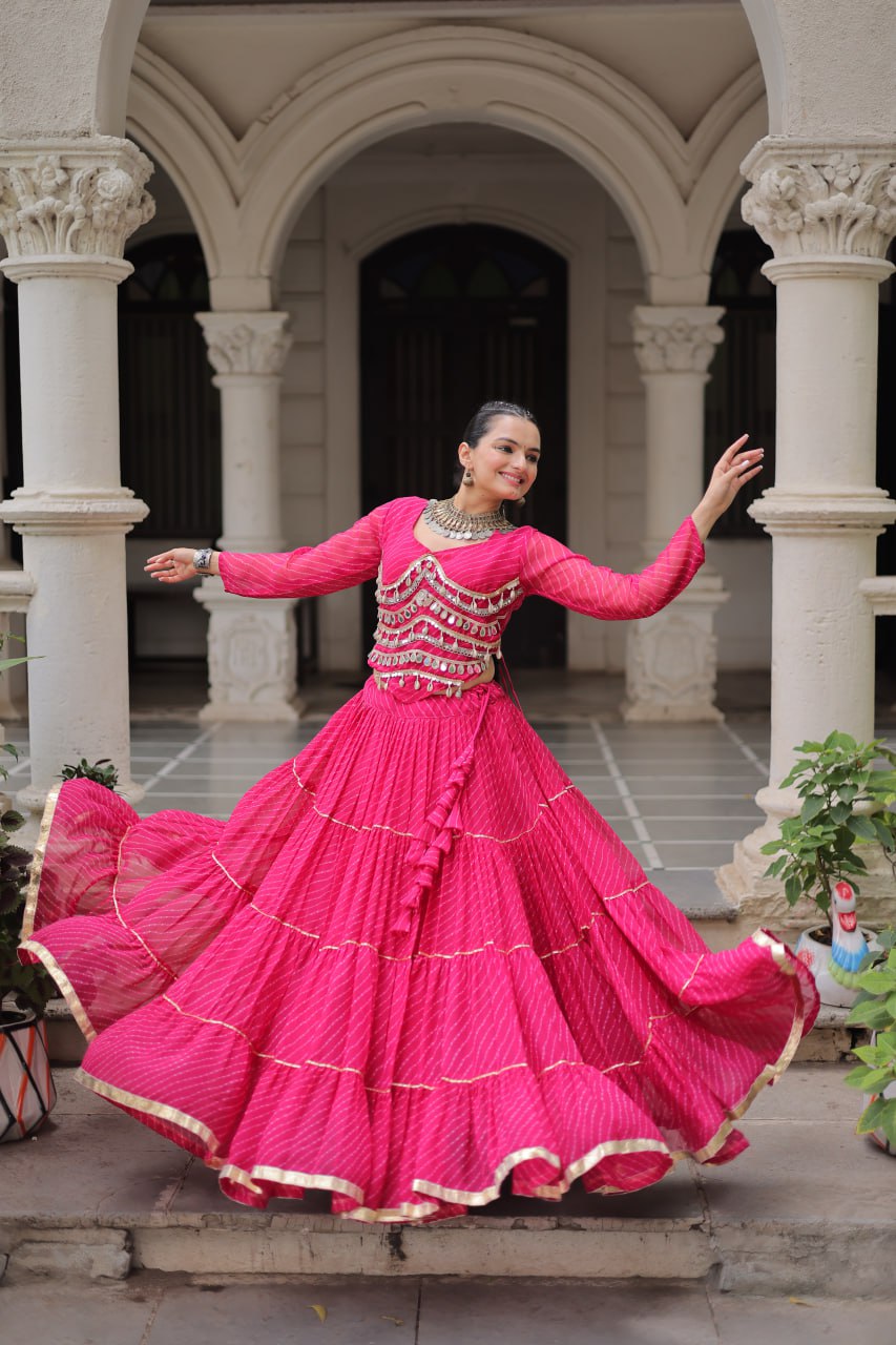 Pink Navratri Special Leheriya Print Lehenga Choli with 12 Mtr Flair & Mirror Lace Work