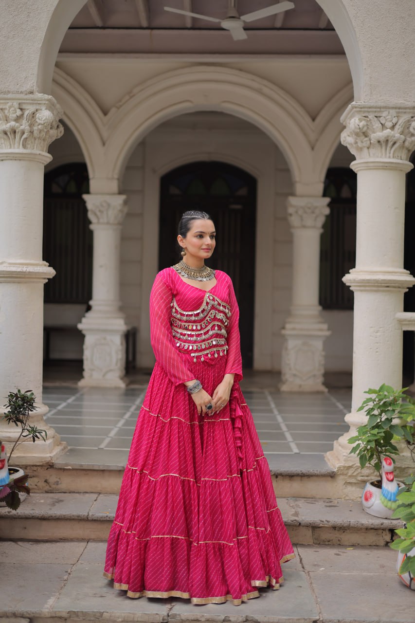 Pink Navratri Special Leheriya Print Lehenga Choli with 12 Mtr Flair & Mirror Lace Work