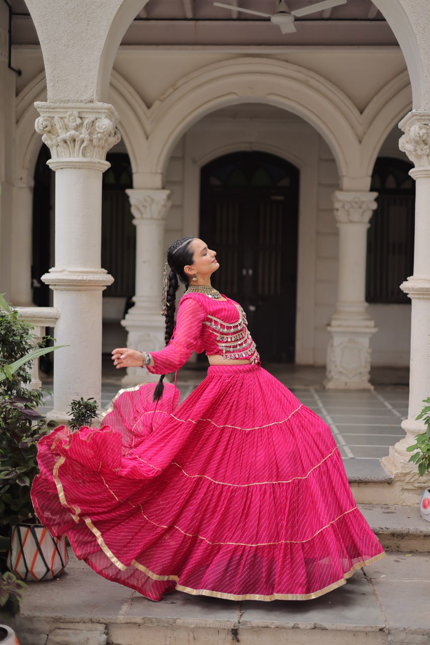 Pink Navratri Special Leheriya Print Lehenga Choli with 12 Mtr Flair & Mirror Lace Work